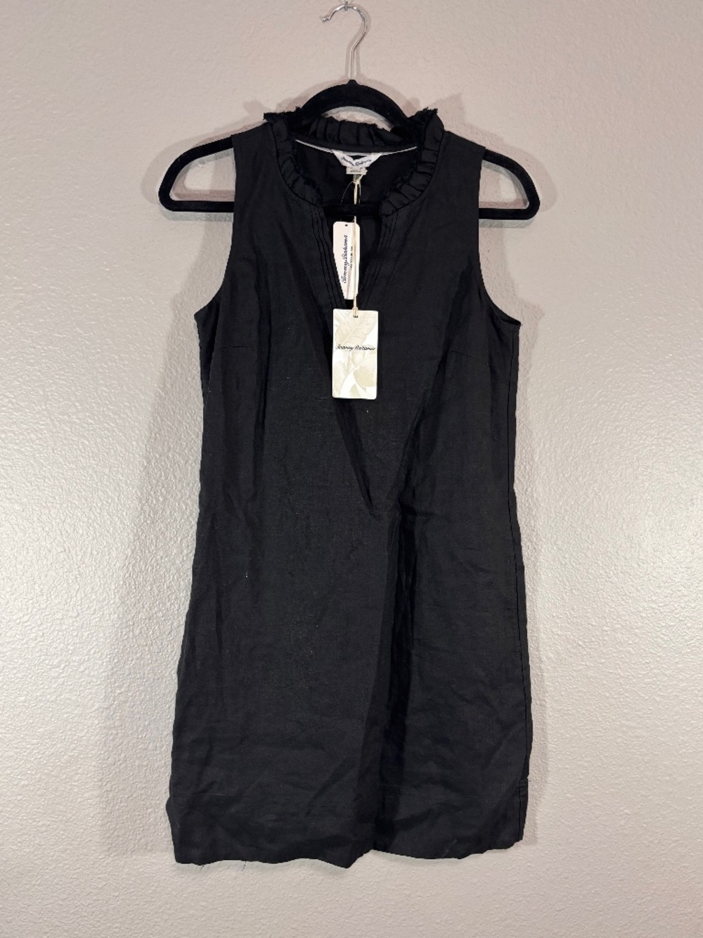 Womens Black Tommy Bahama Linen V-Neck Sheath Dress with Ruffles BNWT Size XS